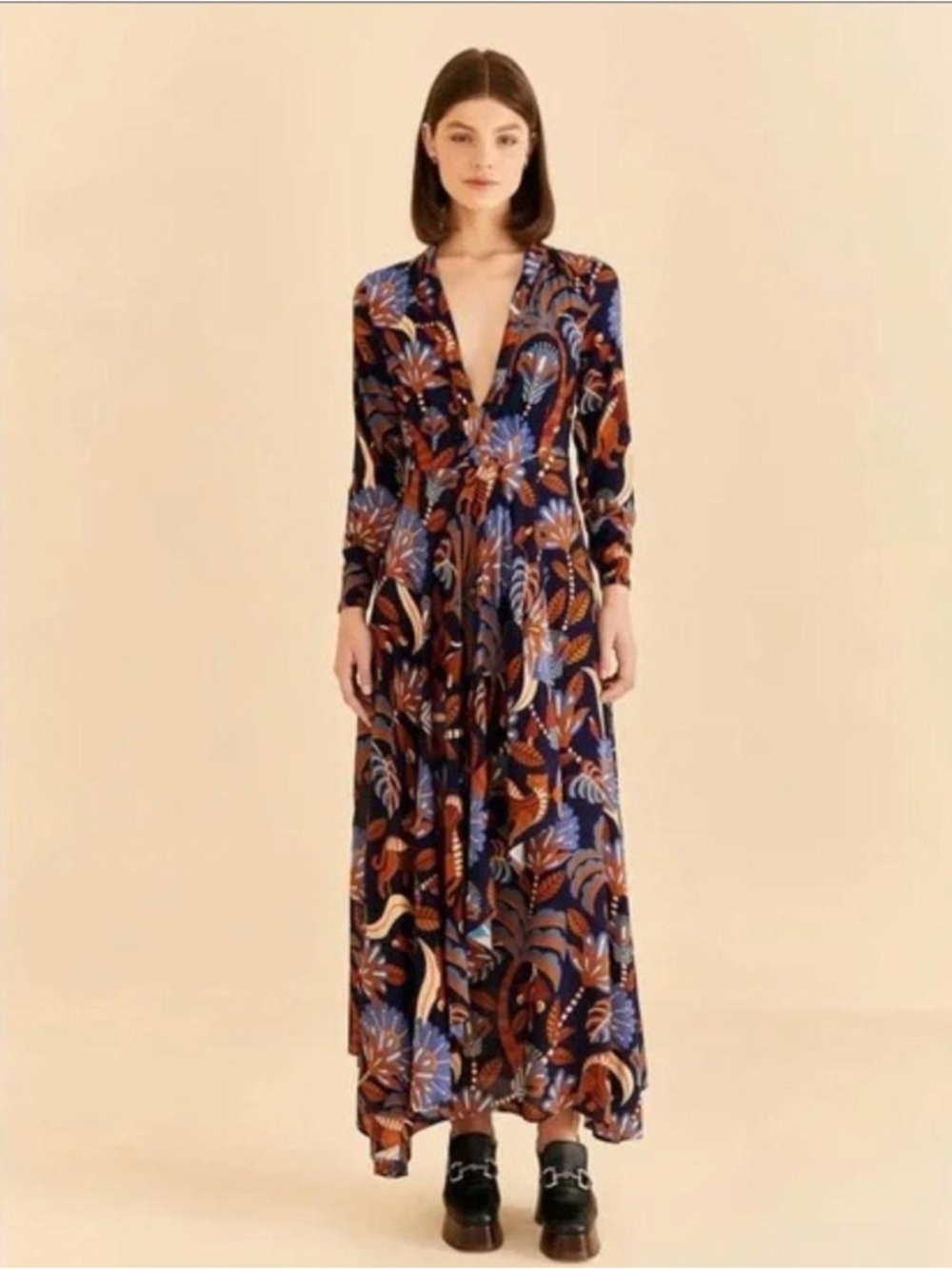 Farm Rio Blue Nature Beauty Long Sleeve V-Neck Maxi Dress size S - Picture 9 of 10